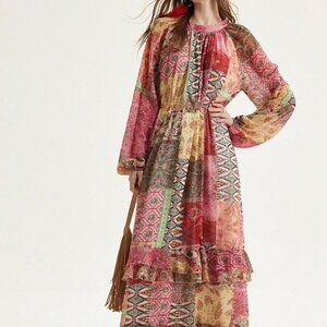 Boho Women's Multicolor Long Sleeve Ruffle Trim Stand Collar Dress